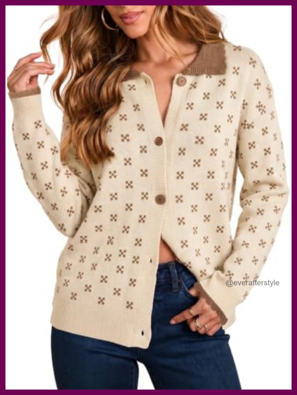 Women's Knit Cardigan Sweater with Collared Neck & Ruffle Cuffs